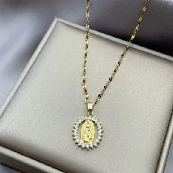 Gold Plated Virgin Mary Necklace CZ Diamonds Lady of Guadalupe Birthday Gift NEW - Picture 3 of 7